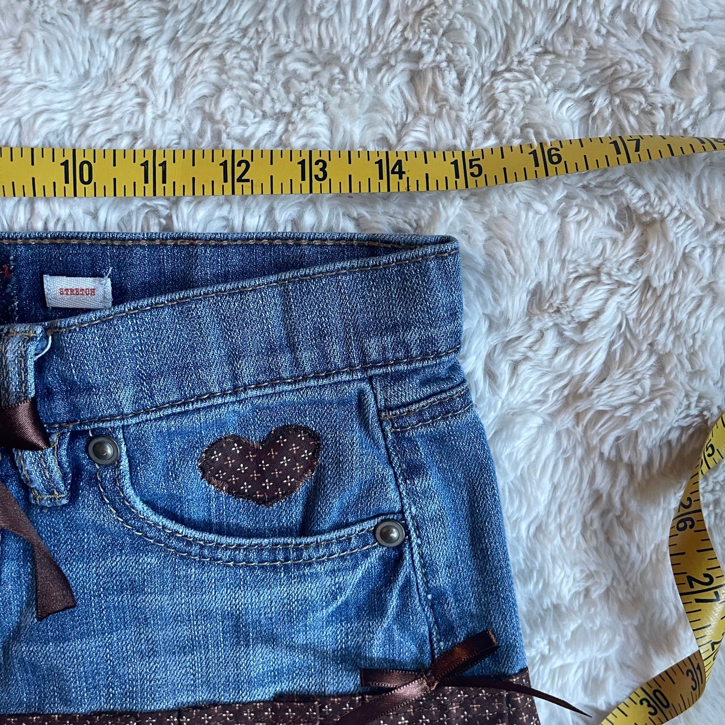୨୧ reworked OOAK vintage 70s brooklyn baby princess micro mini denim skirt with plaid trim, lace, buttons and bows