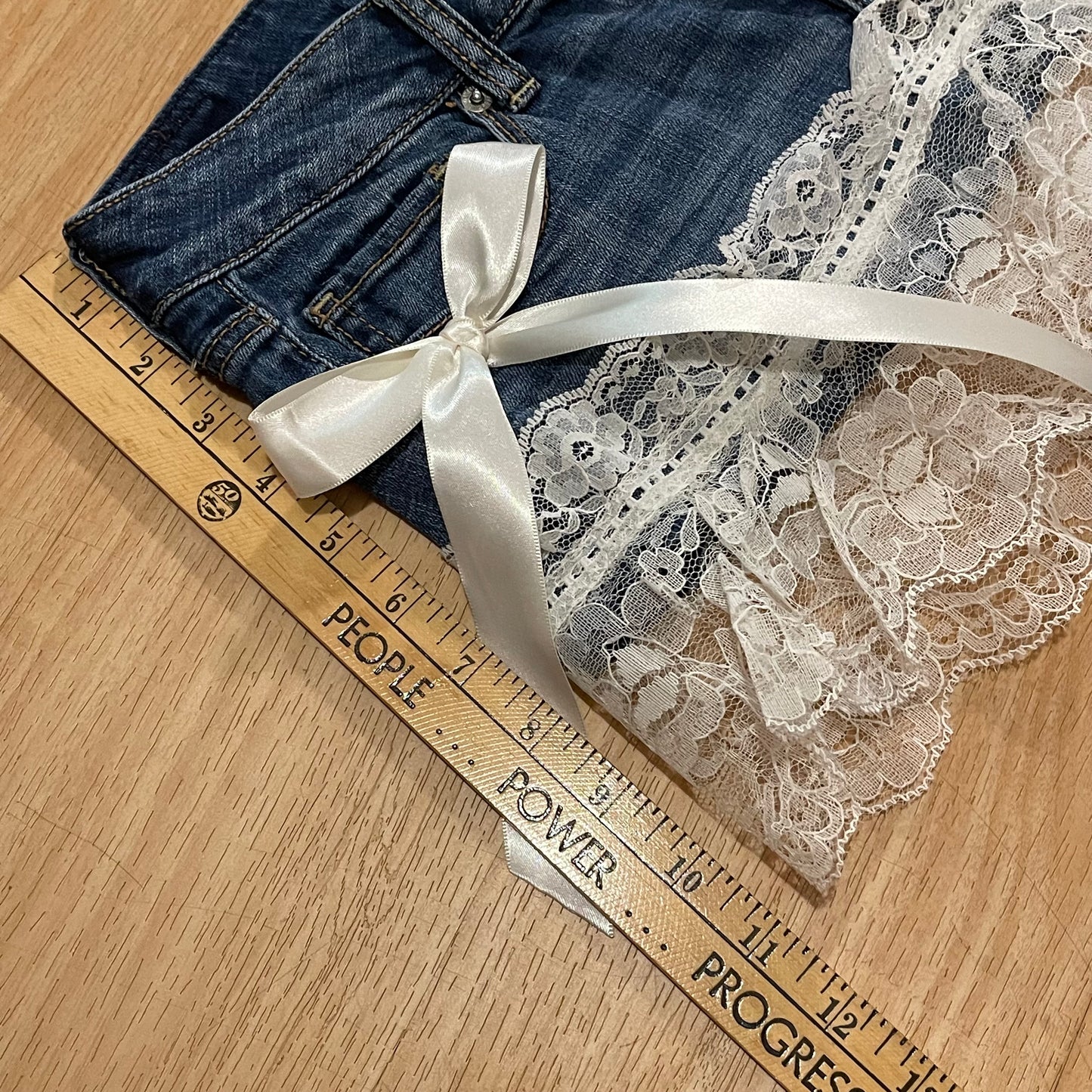Reworked/Upcycled Princess Denim Mini Skirt (with lace & ribbons)