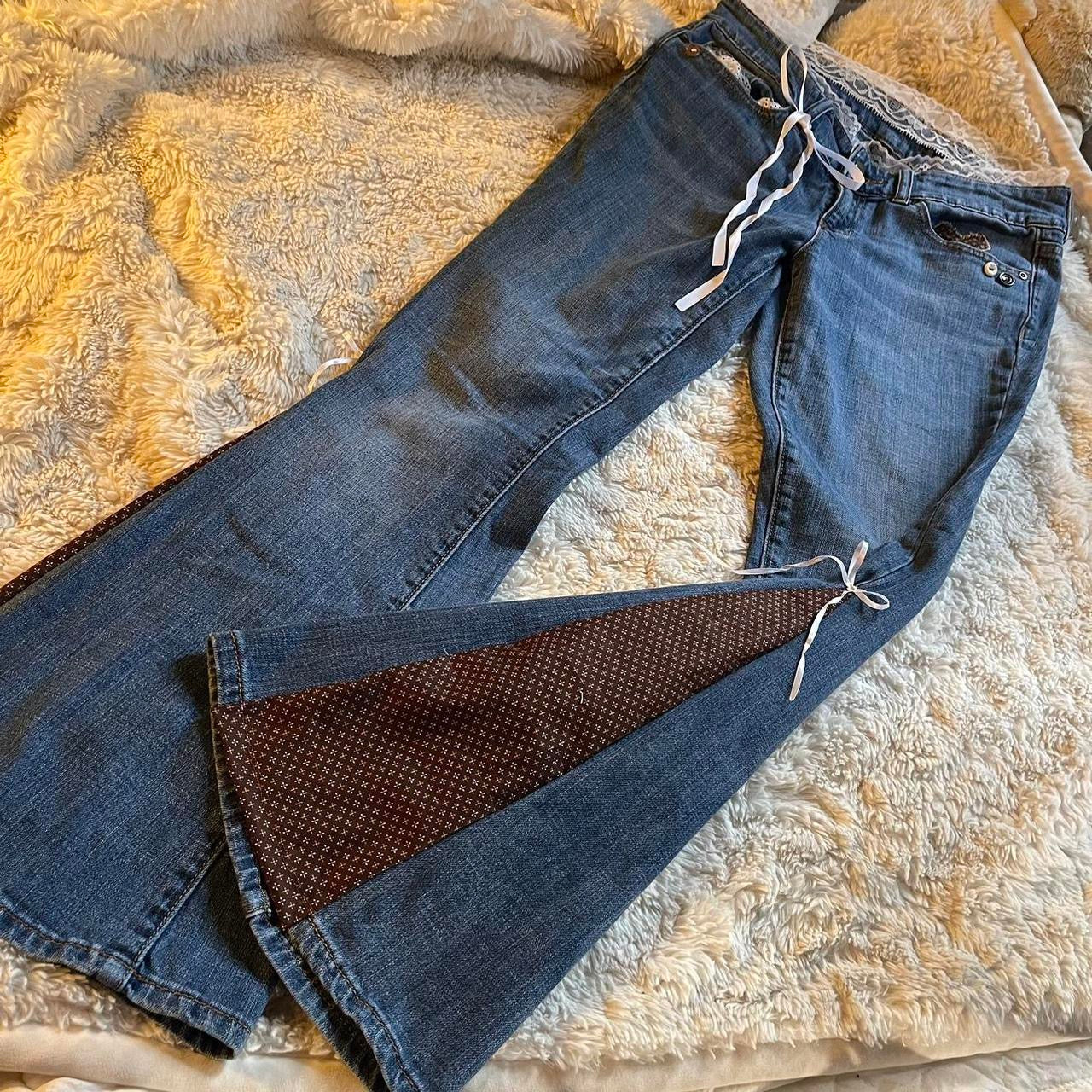 ୨୧ reworked vintage princess OOAK ribbon flare jeans with buttons, heart patch, contrast stitching, lace & bows