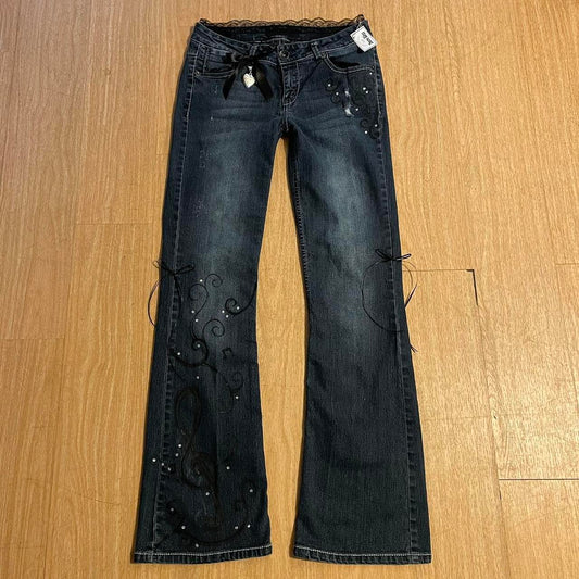 ୨୧ reworked y2k “Princess Elise” by Dove Kiss OOAK black ribbon flare jeans