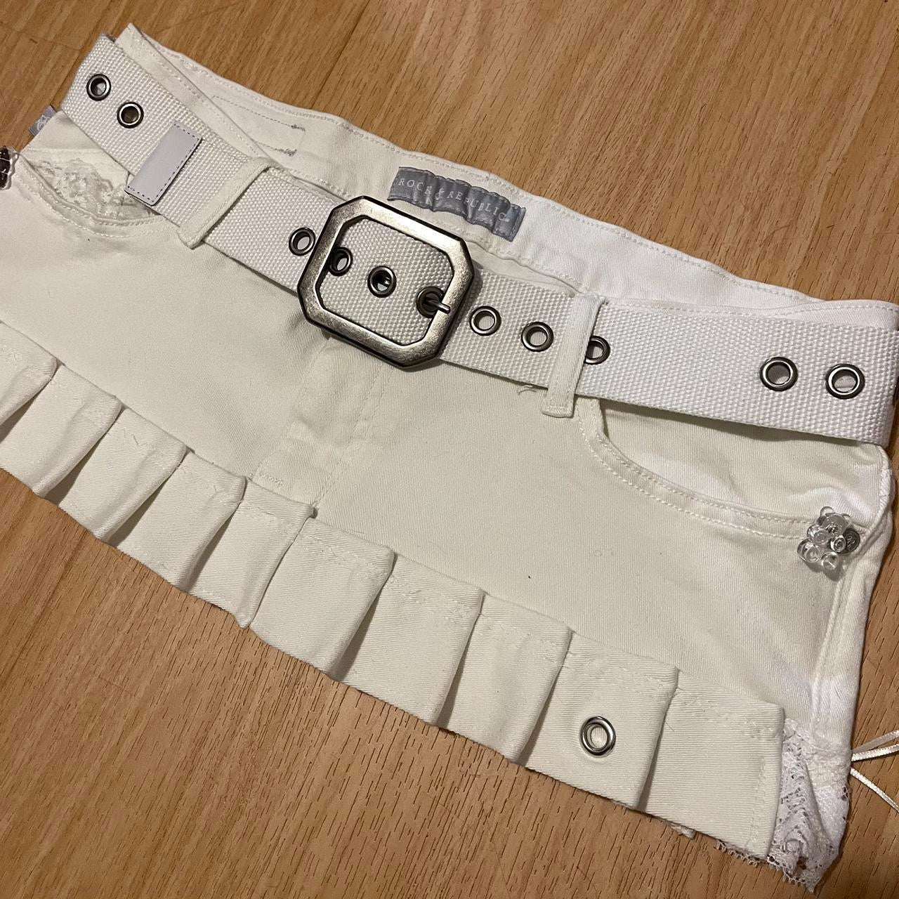 ୨୧ reworked ooak 2000s snow angel princess extreme denim micro mini skirt with ice clear teddy charms, lace trim, rhinestones, y2k grommet belt , & white bows