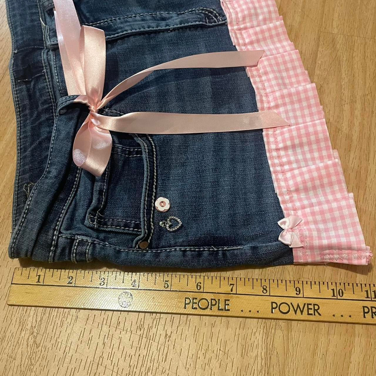 ୨୧ reworked OOAK vintage 2000s pinkaholic princess micro mini denim skirt with lace, charms, baby pink gingham trim and baby pink bows