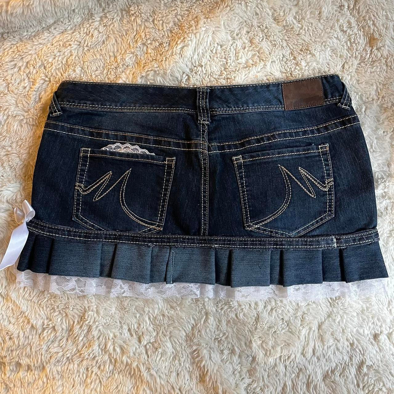 reworked OOAK 2000s princess dark wash denim mini skirt w bows, lace, & handmade pleats ୨୧