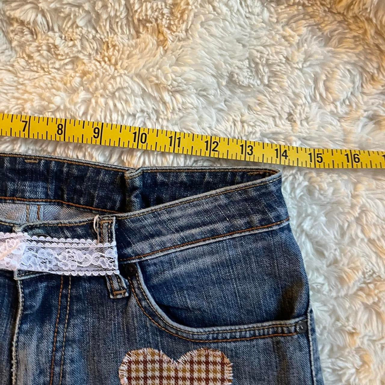 ୨୧ reworked OOAK vintage 70s brooklyn baby sweetheart micro mini denim skirt with buttons, heart patch, plaid trim, lace tie, lace and bows