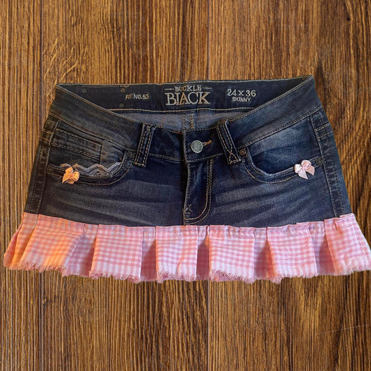 ୨୧ reworked OOAK vintage micro mini denim skirt with trim and baby pink bow details