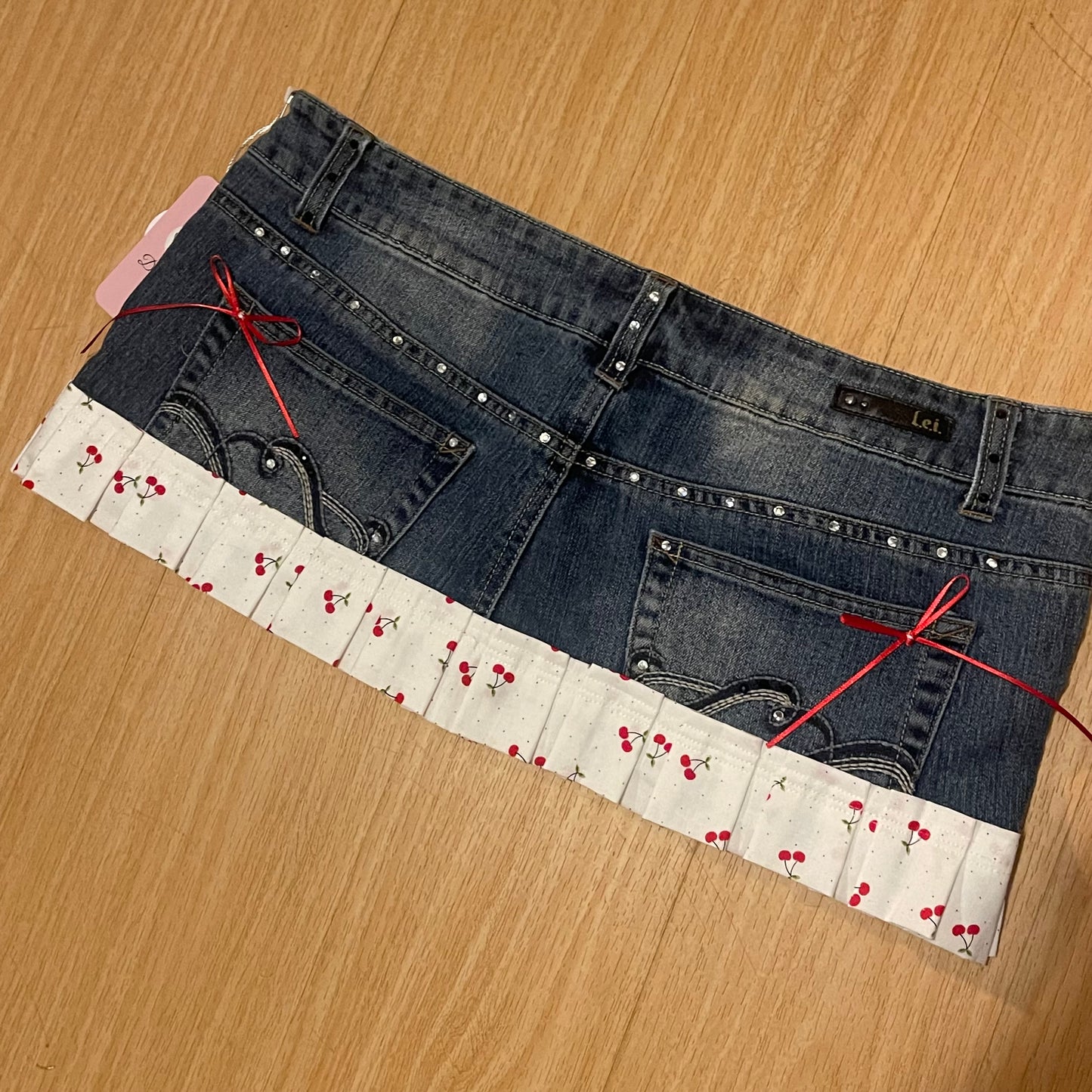Reworked/Upcycled Cherry Diva Mini Skirt (with lace & embellishments)