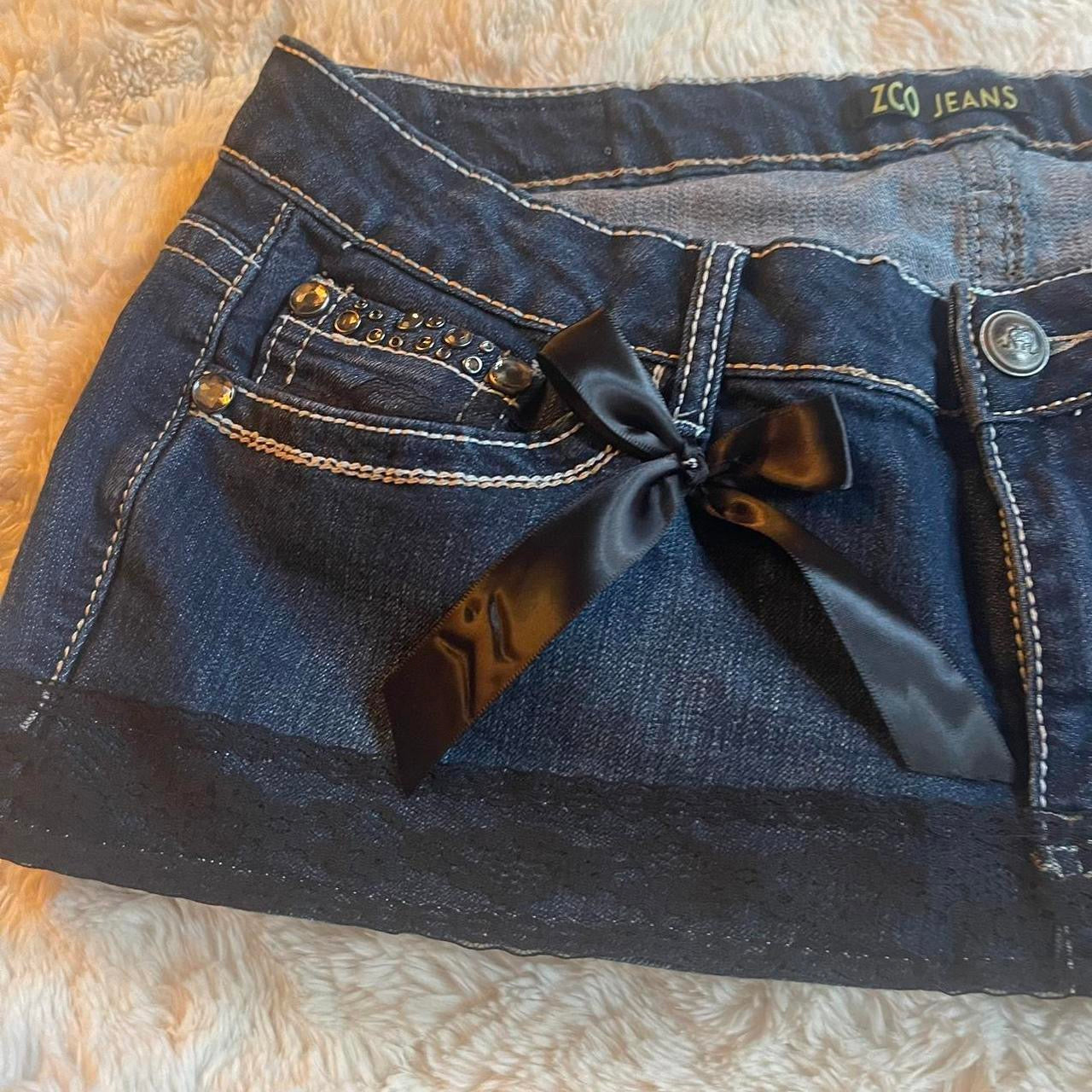 ୨୧ reworked OOAK 2000s extreme denim micro mini skirt with black lace trim, rhinestones & black bow