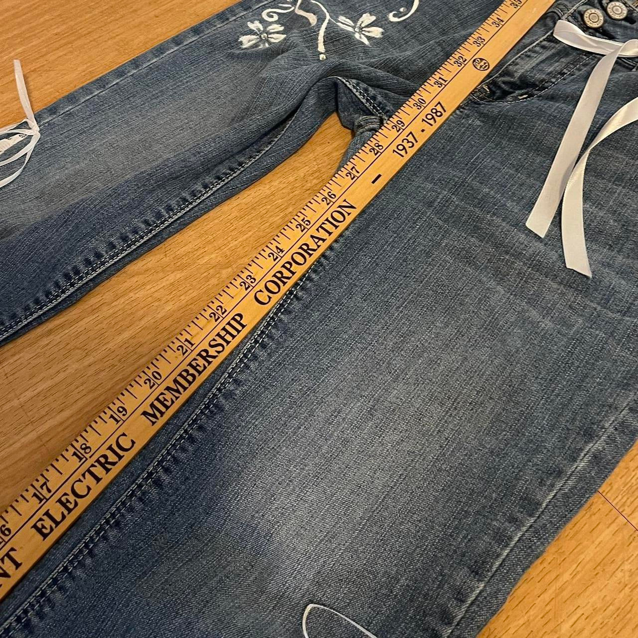 ୨୧ reworked y2k “Valia” by Dove Kiss OOAK white ribbon flare jeans
