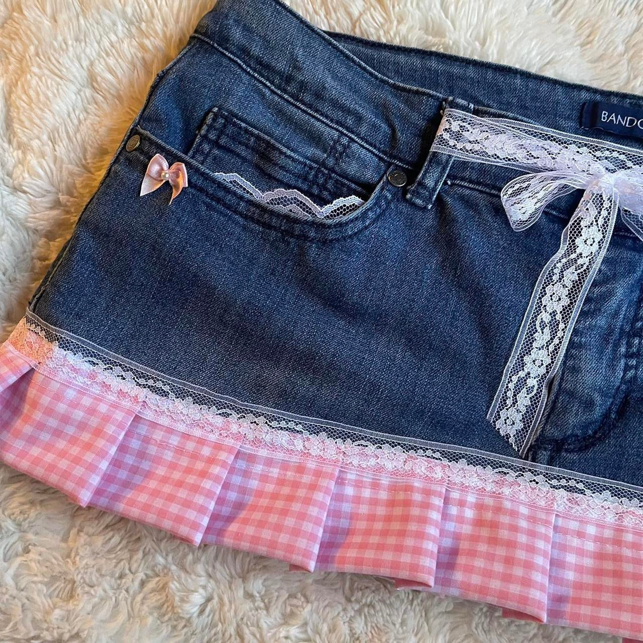 ୨୧ reworked OOAK vintage micro mini denim skirt with trim and baby pink bow details