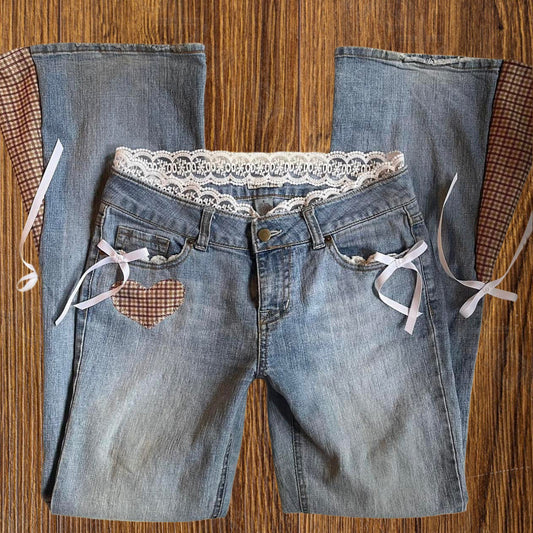 ୨୧ reworked vintage princess OOAK  gingham ribbon flare jeans with contrast stitching, lace & bows