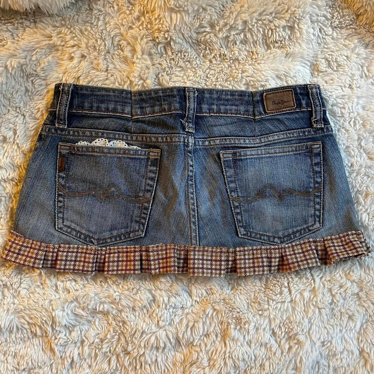 ୨୧ reworked OOAK vintage 70s brooklyn baby sweetheart micro mini denim skirt with buttons, heart patch, plaid trim, lace tie, lace and bows