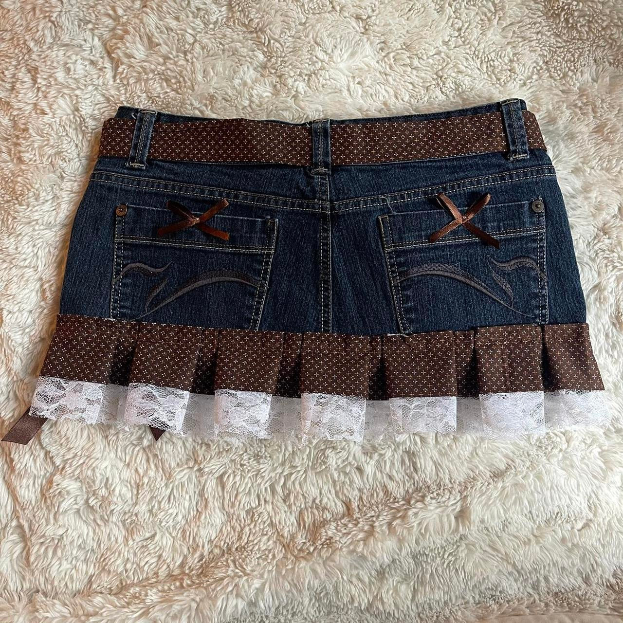 ୨୧ reworked OOAK vintage 70s brooklyn baby princess micro mini denim skirt with monogram trim, waist strip, lace and bows