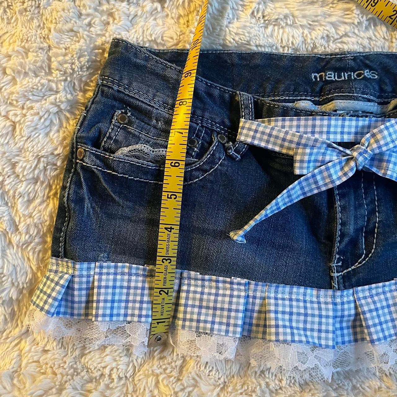 ୨୧ reworked OOAK vintage micro mini denim skirt with gingham baby blue trim, lace ruffles, buttons, and bow details