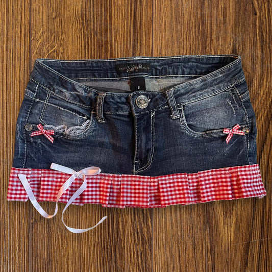 ୨୧ reworked OOAK y2k vintage mini denim skirt with red gingham pleats, lace & bows