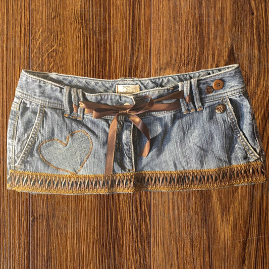 ୨୧ reworked OOAK 2000s western princess extreme denim micro mini skirt with leather trim, buttons, lace & chocolate ribbon