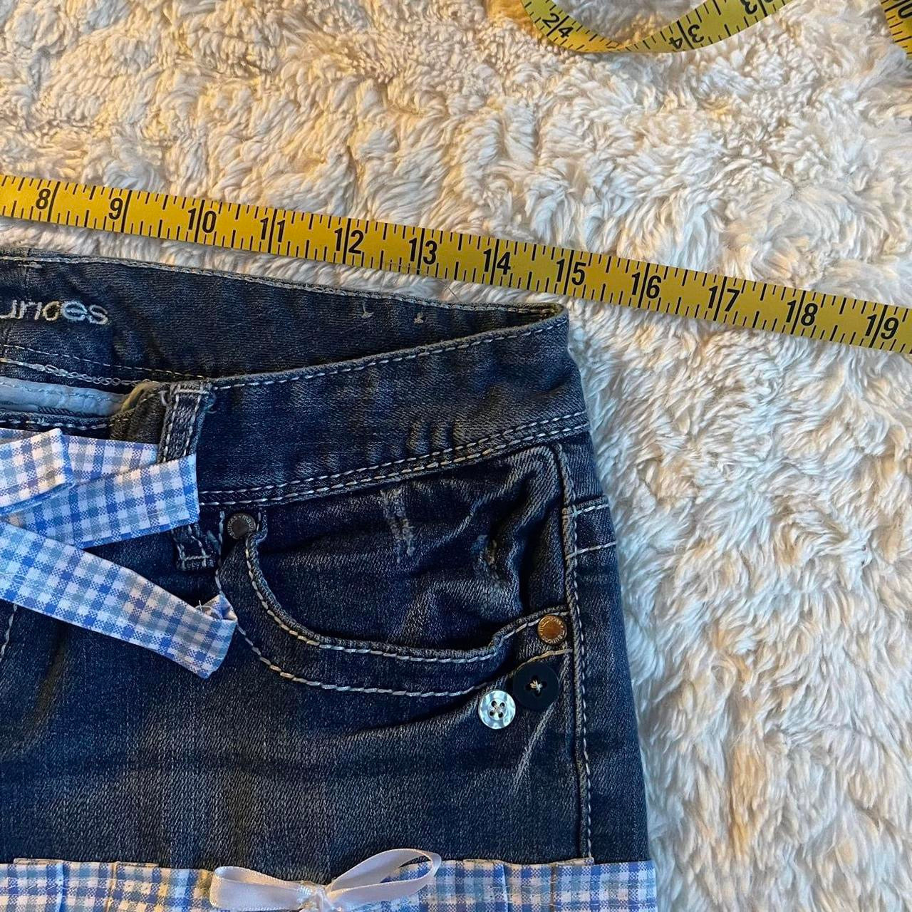 ୨୧ reworked OOAK vintage micro mini denim skirt with gingham baby blue trim, lace ruffles, buttons, and bow details