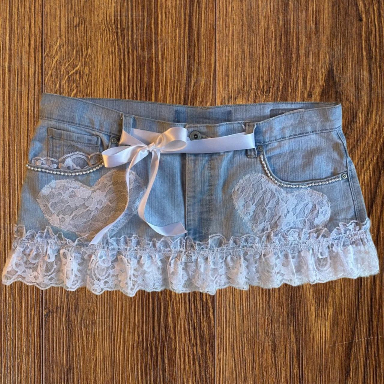 ୨୧ reworked OOAK 2000s sweetheart light wash mini skirt with hand sewn pearls, lace trim & white bows