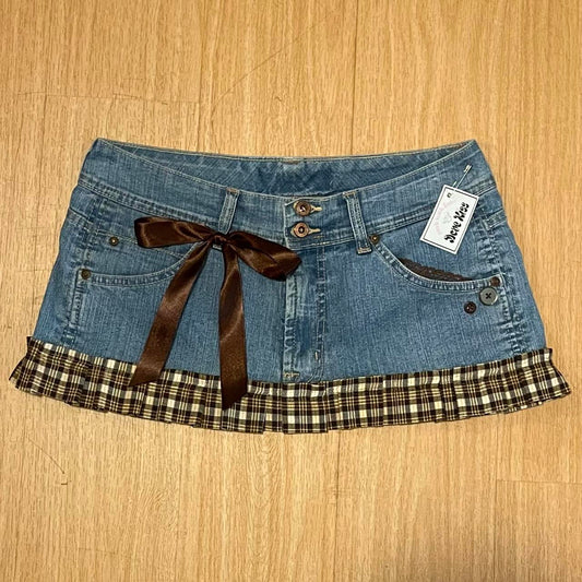 ୨୧ reworked ooak y2k twee princess micro mini denim skirt with chocolate brown plaid trim, lace, buttons & bows