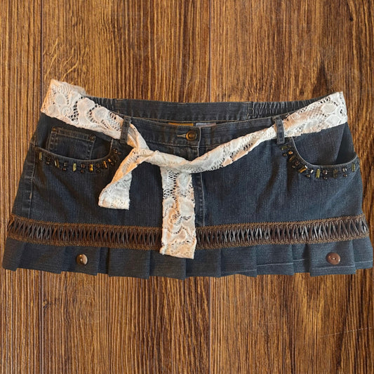 ୨୧ reworked OOAK vintage 70s western princess micro mini sparkly denim skirt with pleats, lace belt, sequins and leather trim