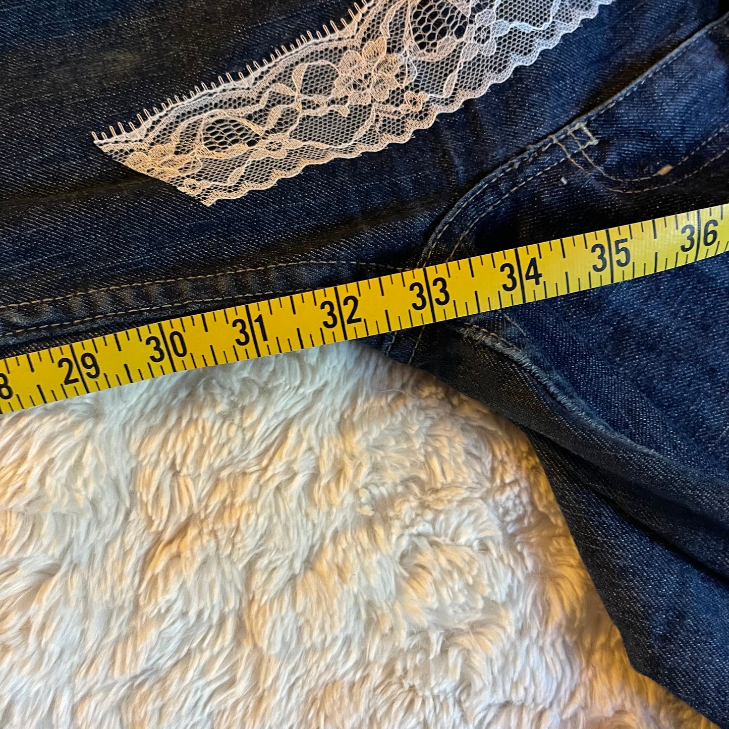 ୨୧ reworked y2k princess OOAK white ribbon flare jeans with contrast stitching, heart patch, lace panels + bows