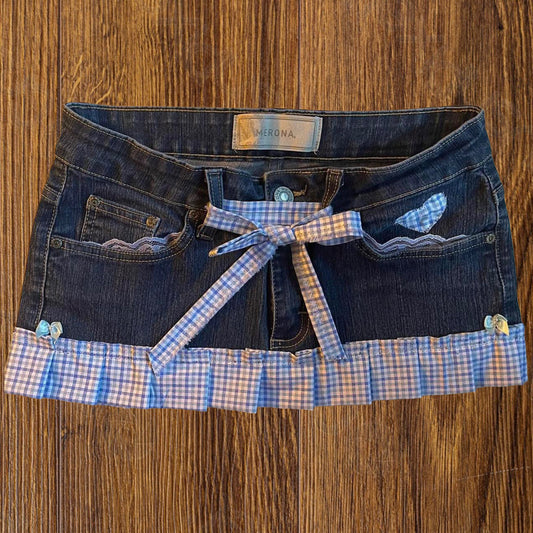 ୨୧ reworked OOAK vintage micro mini denim skirt with gingham baby blue trim, heart patch and bow details
