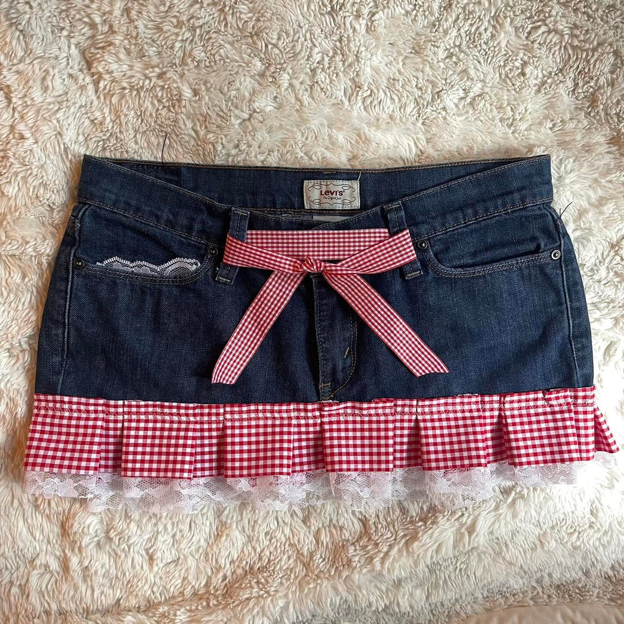୨୧ reworked OOAK y2k vintage mini denim skirt with red gingham pleats with lace trim, lace & bows