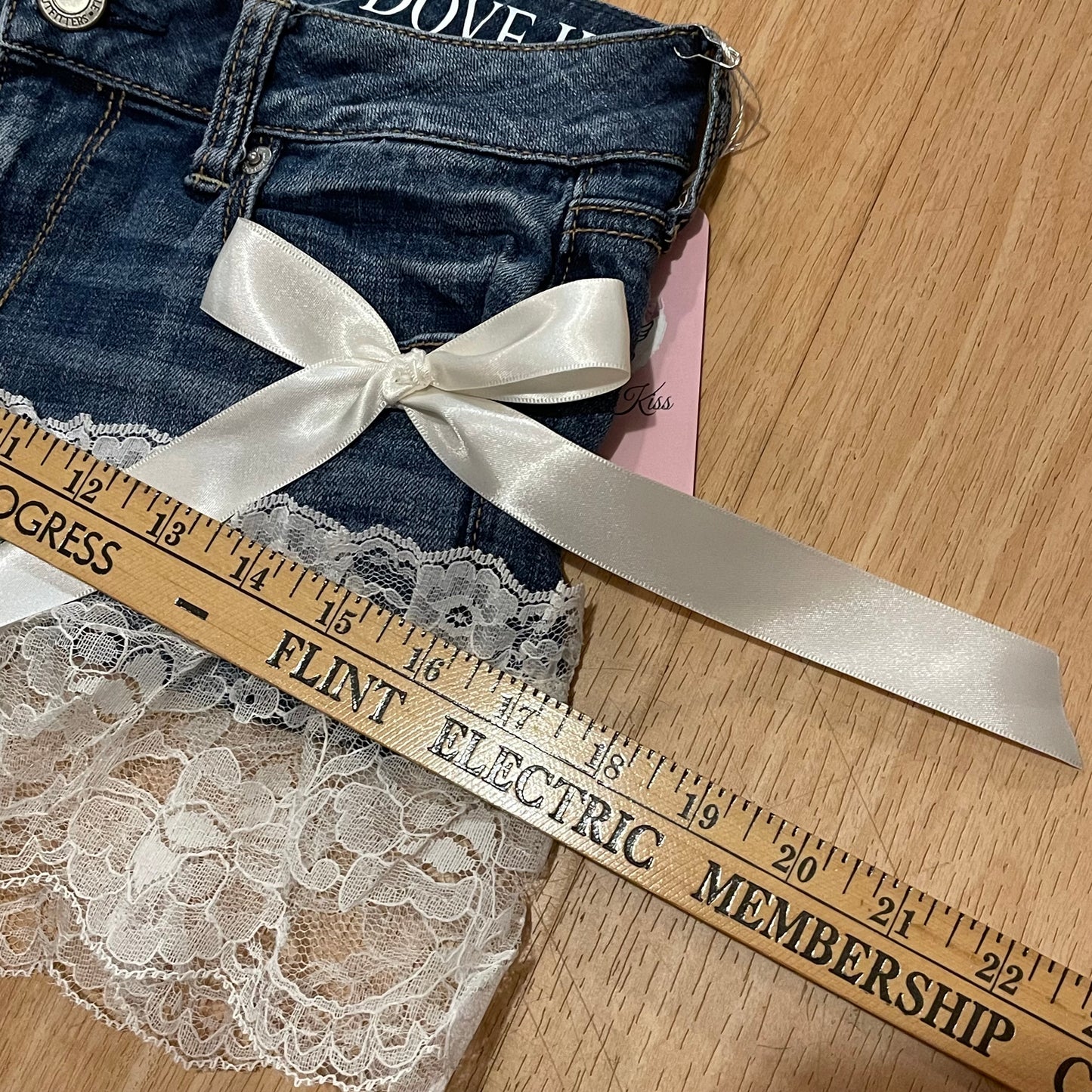 Reworked/Upcycled Princess Denim Mini Skirt (with lace & ribbons)