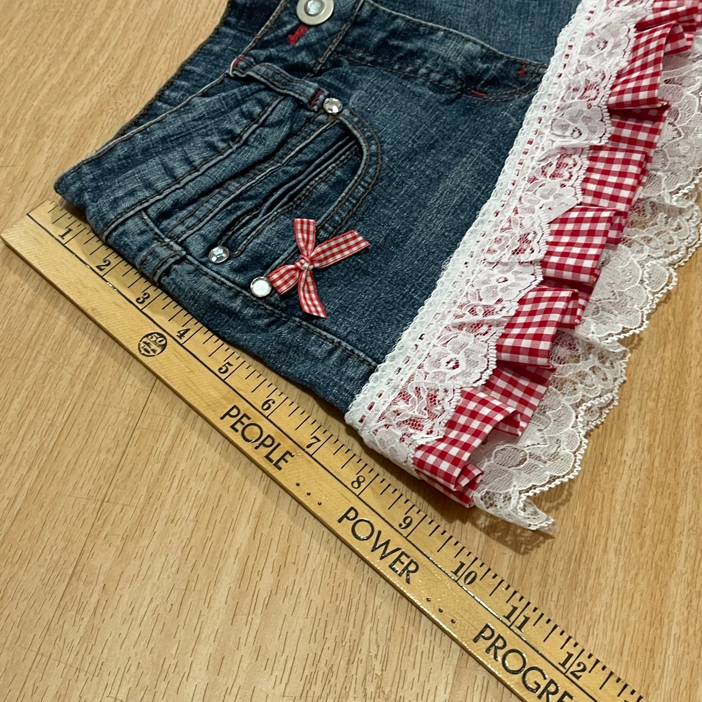 Reworked/Upcycled Diva Country Coquette Mini Skirt (with lace & embellishments)