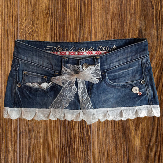 reworked OOAK 2000s coquette milkmaid princess denim micro mini skirt with ruffles & ribbons ୨୧