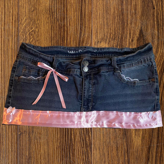 ୨୧ reworked OOAK bubblegum princess vintage micro mini denim skirt with satin trim and pink bow details