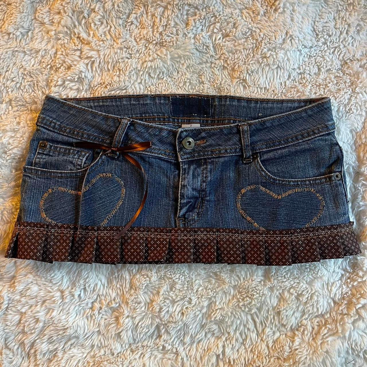 ୨୧ reworked OOAK vintage sweetheart princess micro mini denim skirt with monogram trim, heart patches, lace and bows