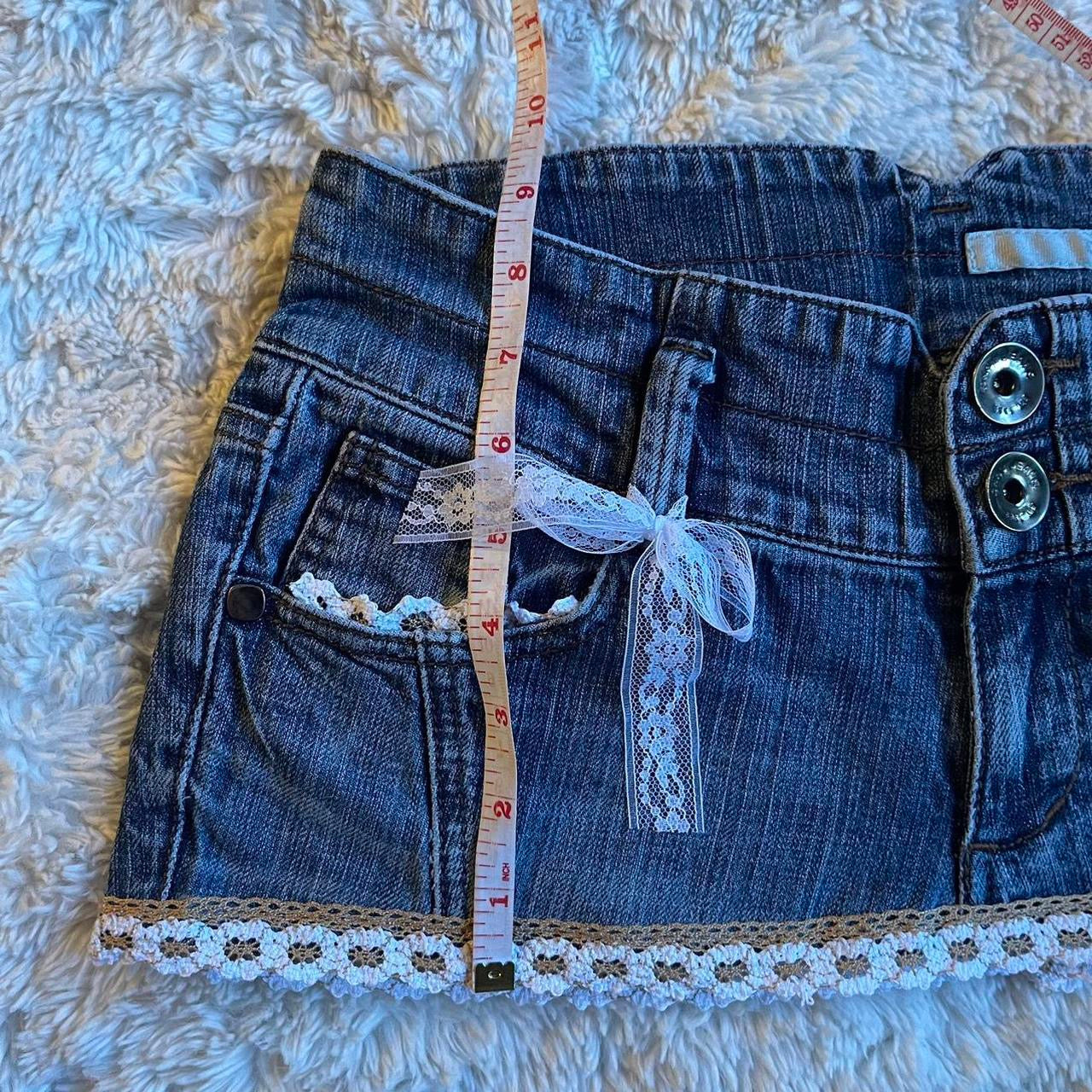 ୨୧ reworked OOAK 2000s princess extreme denim micro mini skirt with buttons, tan crochet lace trim & bow