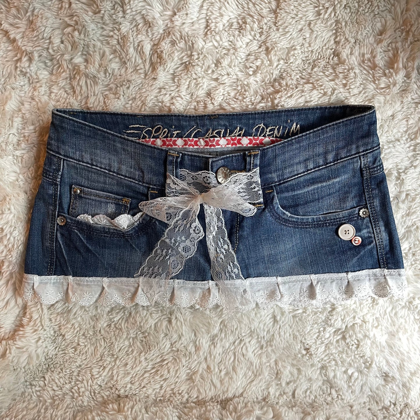 reworked OOAK 2000s coquette milkmaid princess denim micro mini skirt with ruffles & ribbons ୨୧