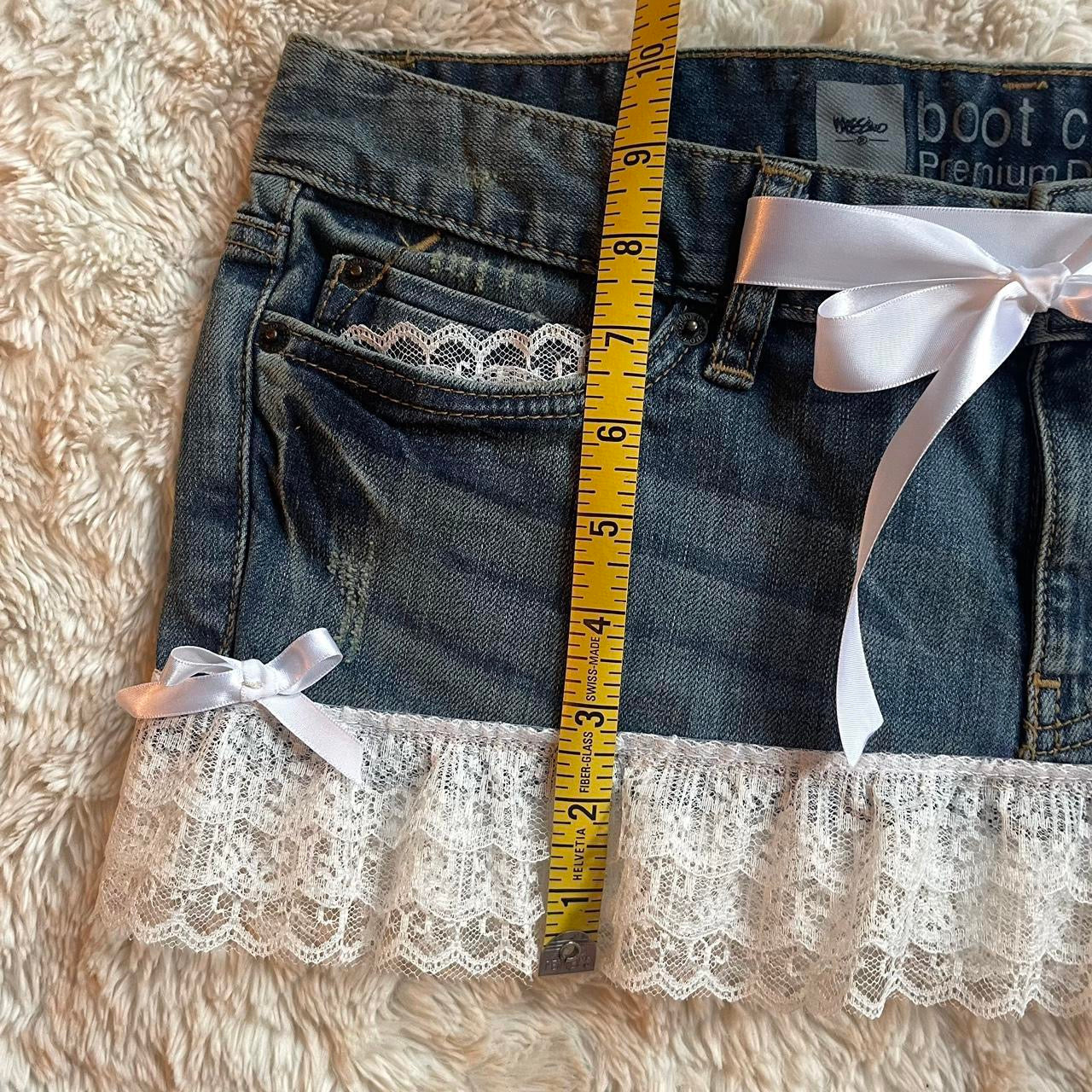 ୨୧ reworked OOAK 2000s extreme denim micro light wash mini skirt with lace trim & white bows