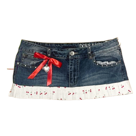 Reworked/Upcycled Cherry Diva Mini Skirt (with lace & embellishments)