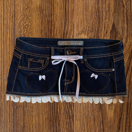 reworked OOAK 2000s dark wash princess denim micro mini skirt with heart patches, ruffles & ribbons ୨୧