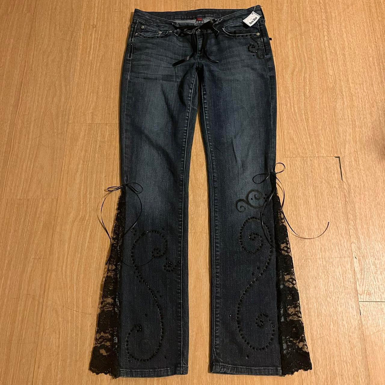 ୨୧ reworked y2k “Valia (Variant 2)” by Dove Kiss OOAK black ribbon flare jeans