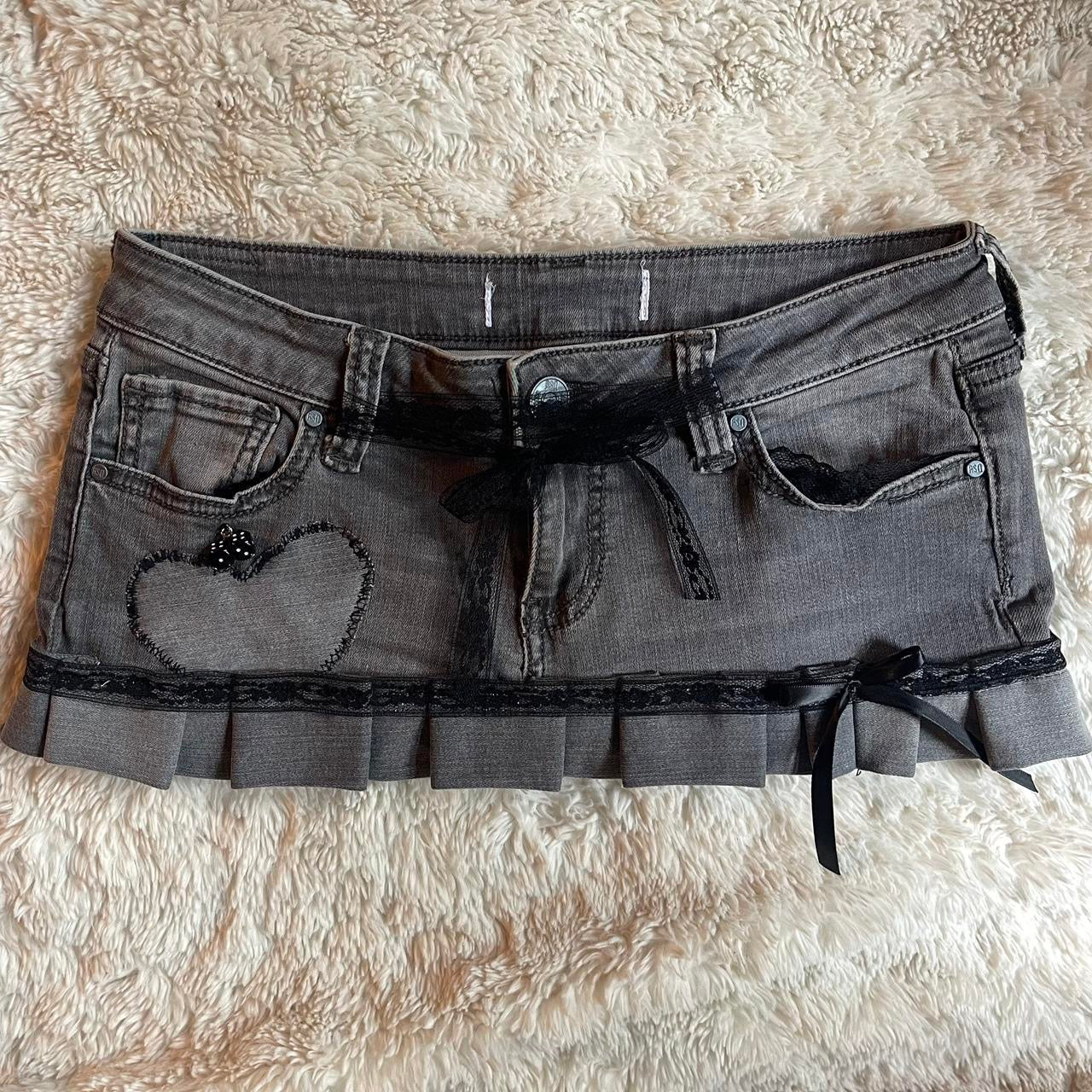 ୨୧ reworked OOAK 2000s sweetheart denim micro gray mini skirt with dice charms, lace trim & black silky bows