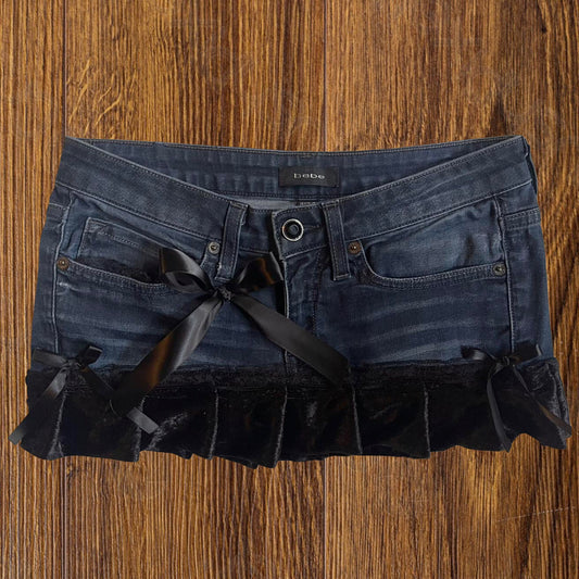 ୨୧ reworked OOAK 2000s extreme denim micro mini skirt with rhinestones, black fuzzy crushed velvet trim & black bows