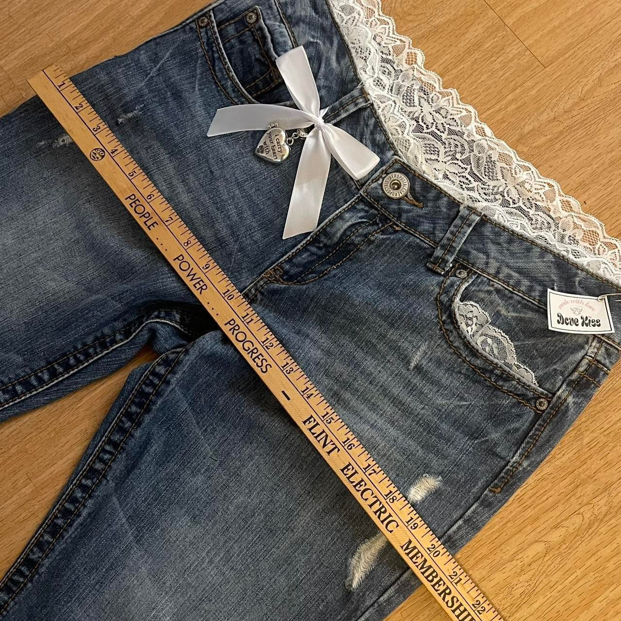 ୨୧ reworked y2k “doe hearts” by Dove Kiss OOAK princess white ribbon flare jeans