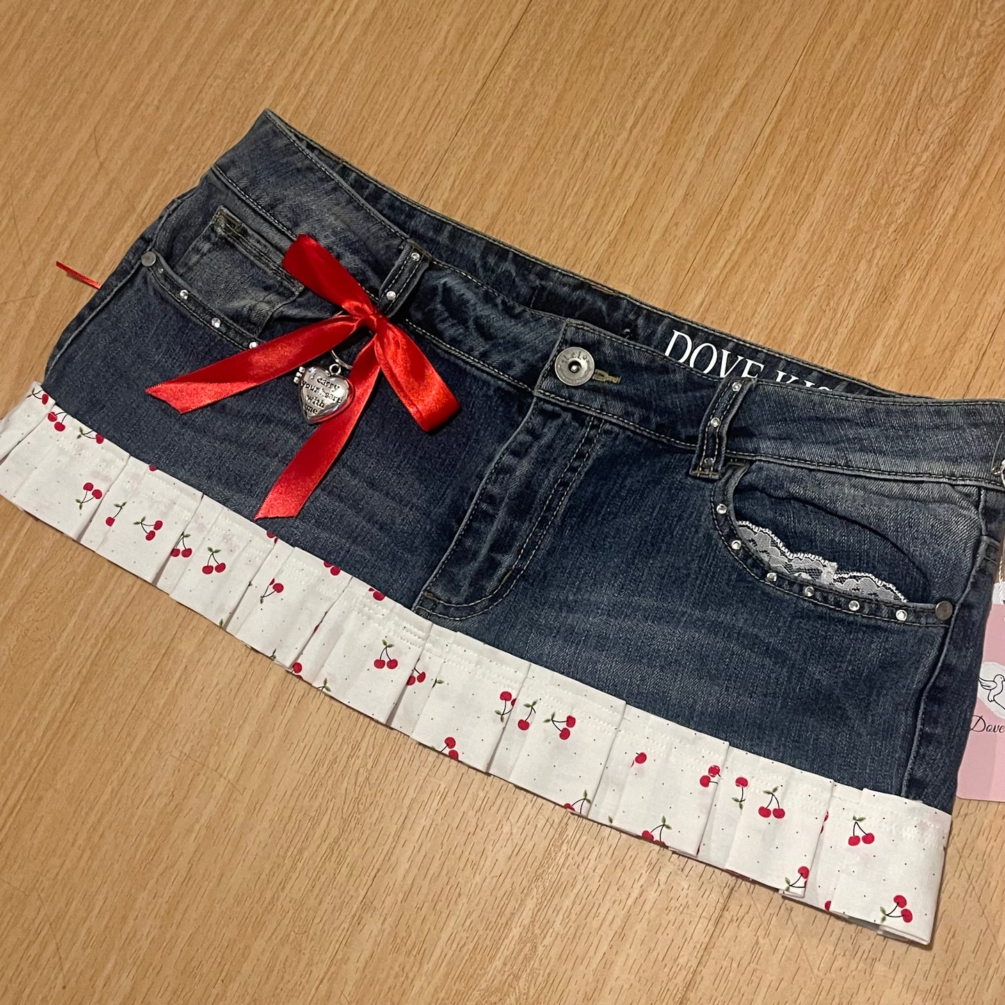 Reworked/Upcycled Cherry Diva Mini Skirt (with lace & embellishments)