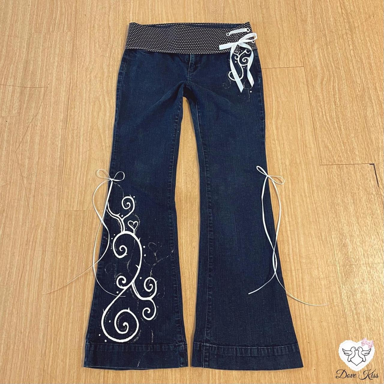 𓏲ּ𝄢 𝐃𝐎𝐕𝐄 𝐊𝐈𝐒𝐒 “Dottie Darling” 2000s whimsy princess ribbon ultra flare jeans