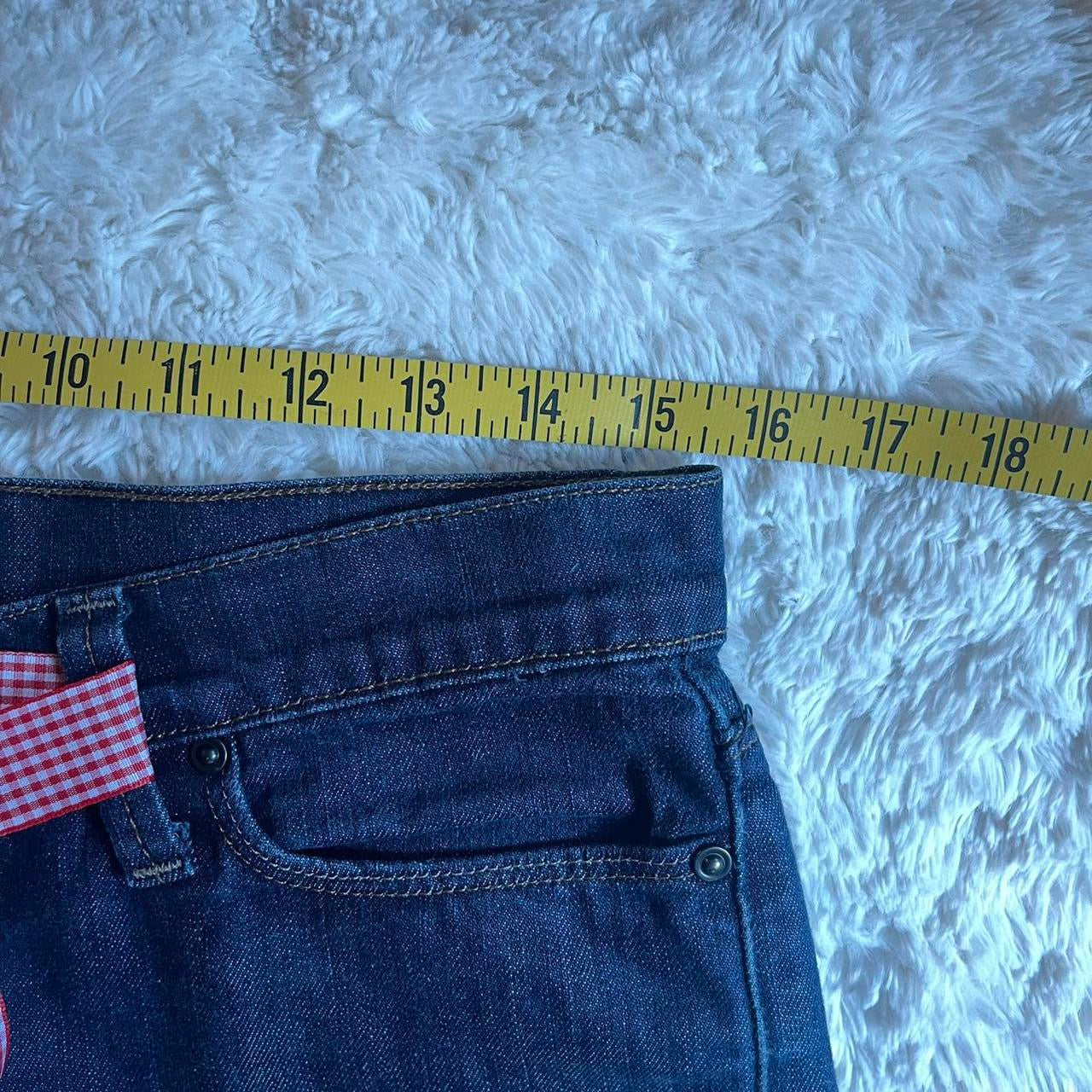 ୨୧ reworked OOAK y2k vintage mini denim skirt with red gingham pleats with lace trim, lace & bows