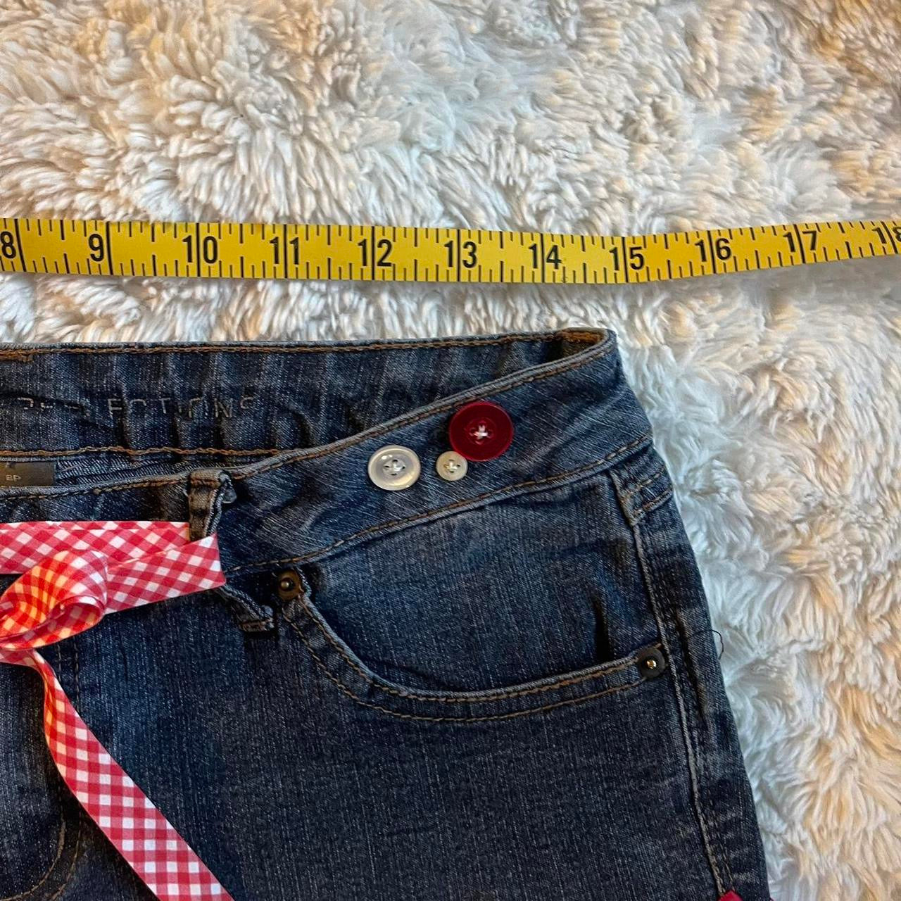 ୨୧ reworked OOAK vintage micro mini denim skirt with lace trim, contrast stitching and bow details