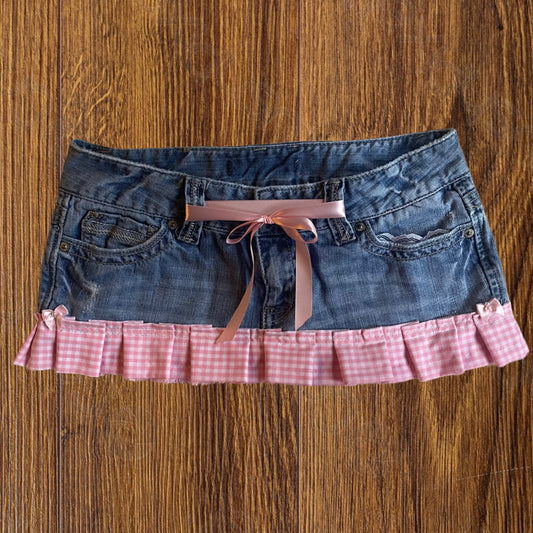 ୨୧ reworked y2k OOAK vintage micro mini denim skirt with gingham trim and baby pink bow details