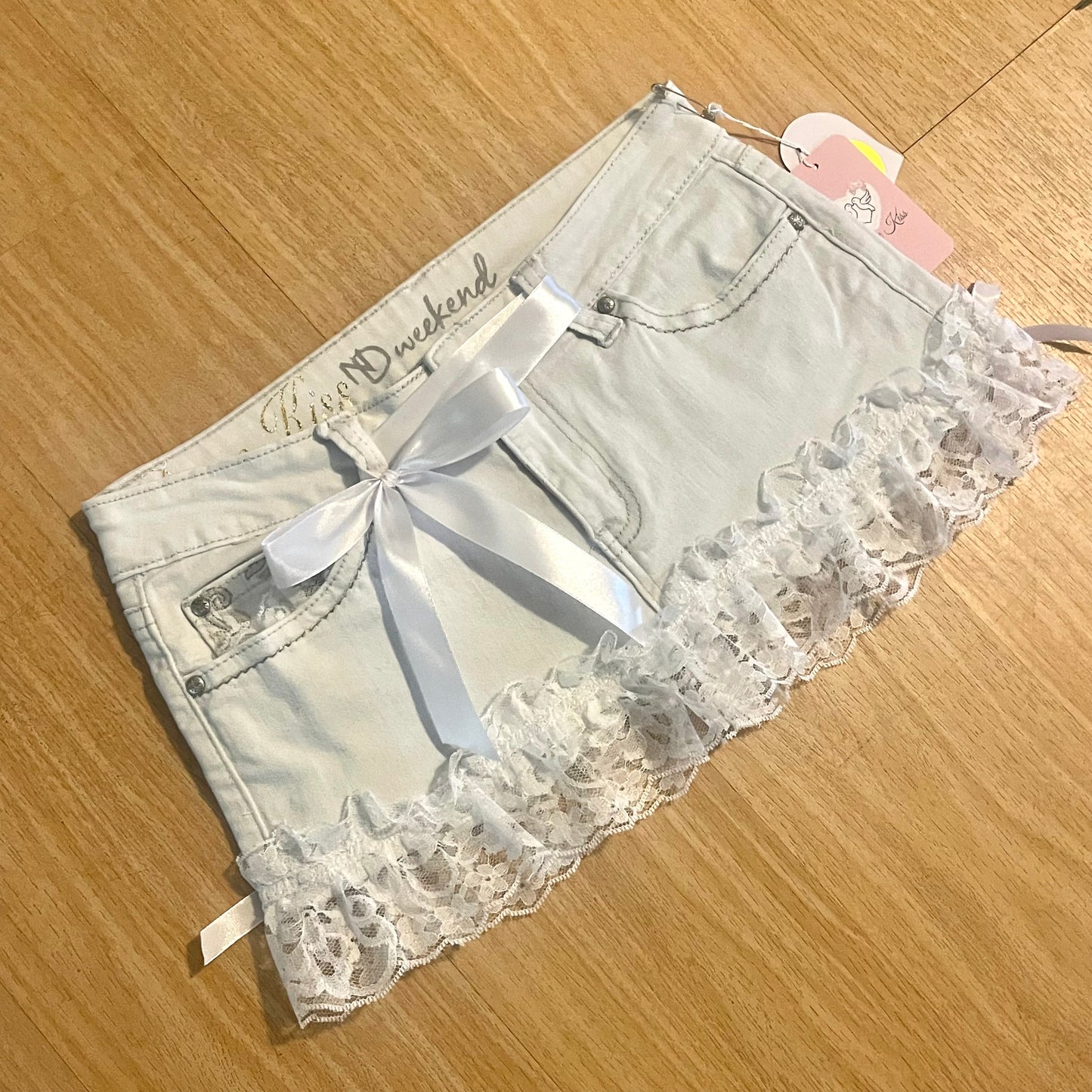 Reworked/Upcycled White Denim Mini Skirt (with lace & ribbons)