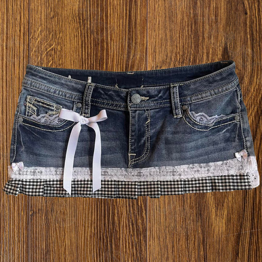 ୨୧ reworked OOAK vintage princess micro mini denim skirt with trim and bow details