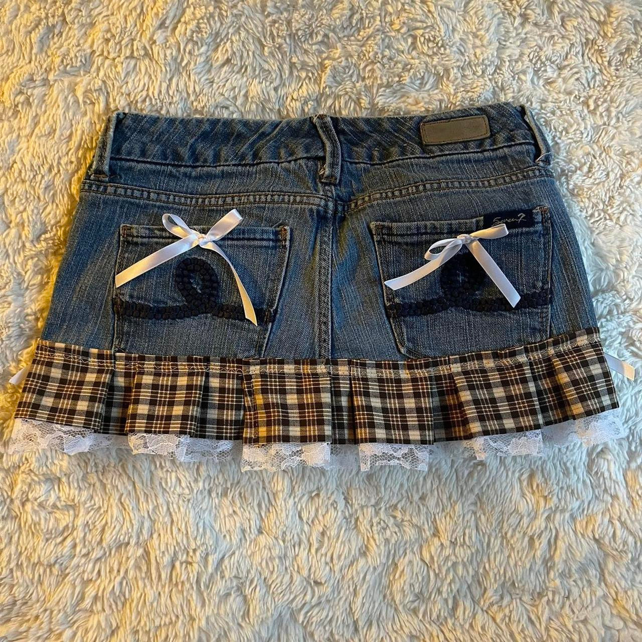 ୨୧ reworked OOAK vintage 70s brooklyn baby princess micro mini denim skirt with trim, lace and bows