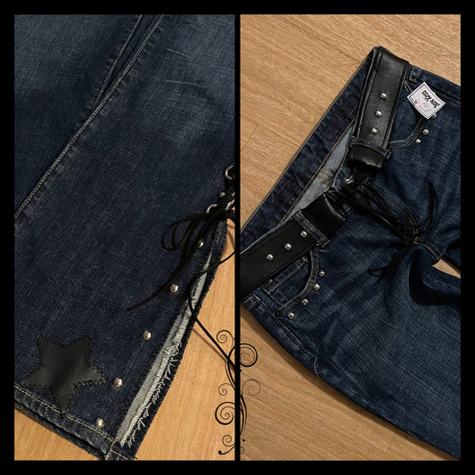 ୨୧ reworked y2k “Rock Angel” by Dove Kiss OOAK black lace up flare jeans