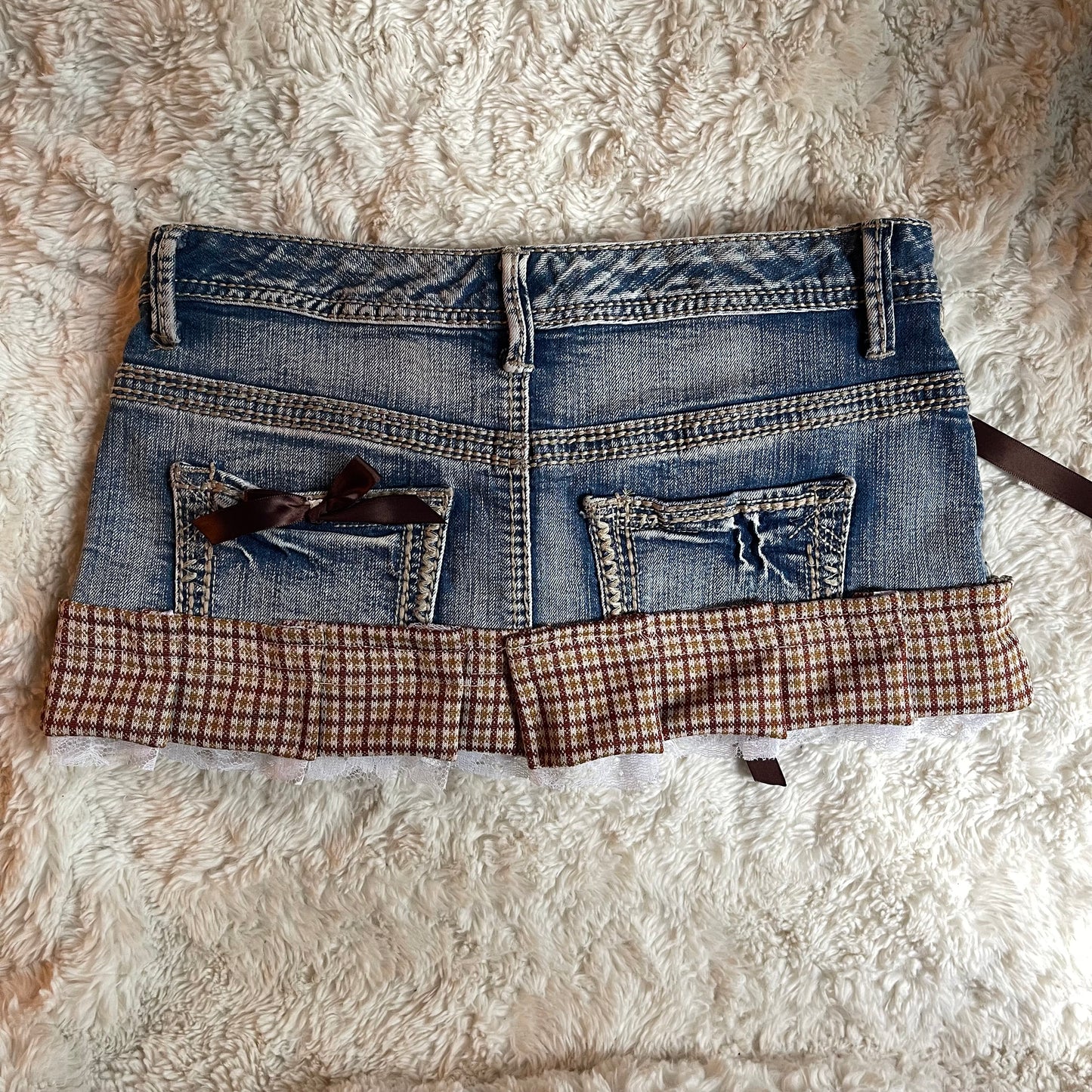 ୨୧ reworked OOAK vintage 70s brooklyn baby princess micro mini denim skirt with trim, lace and bows